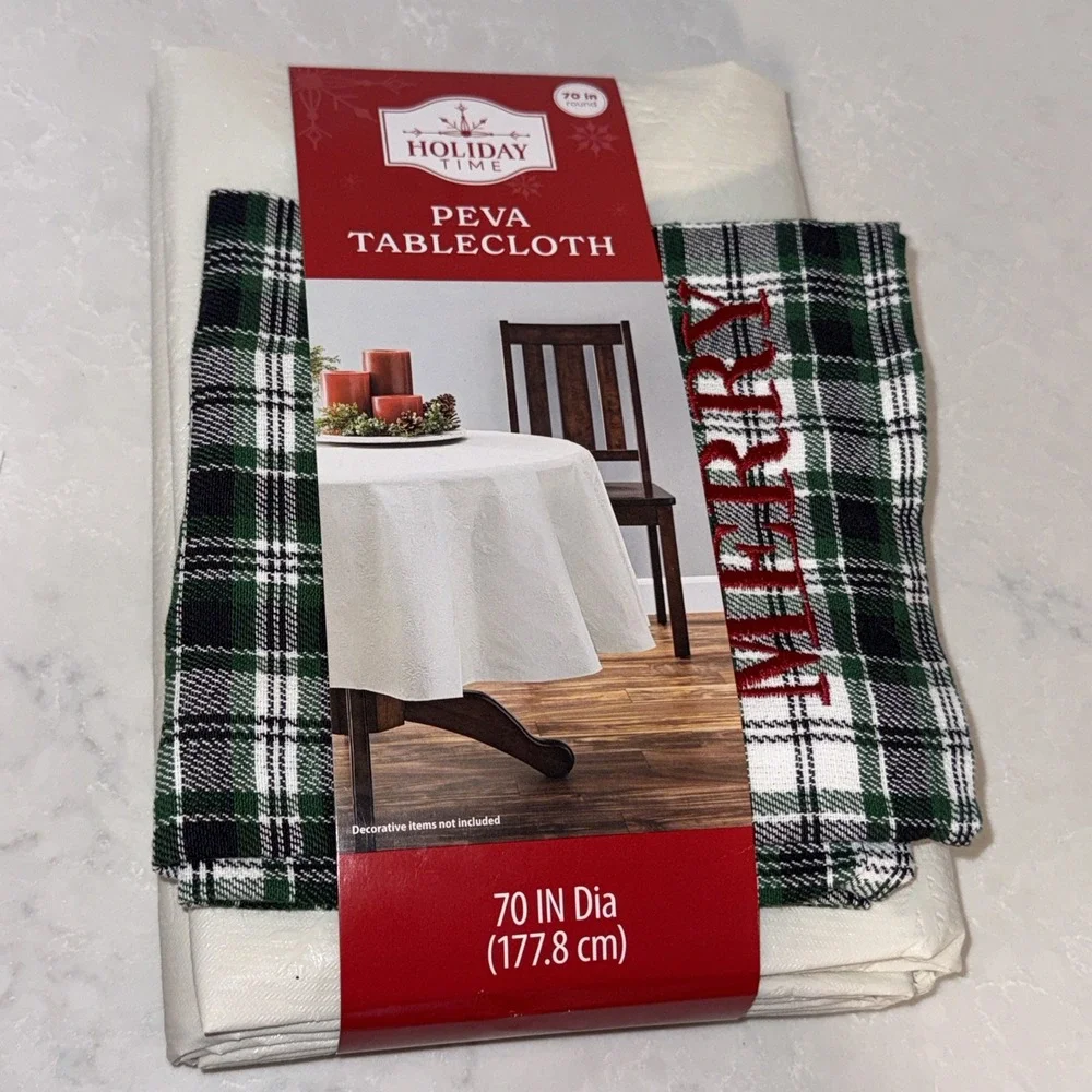 HOLIDAY TIME Green  WHITE FABRIC TABLECLOTH 70